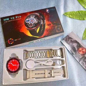 Smartwatch viwa fit hw 10 pro con esfera en color rojo dentro de su caja de embalaje junto a la correa plateada de eslabones y correa de silicona beige