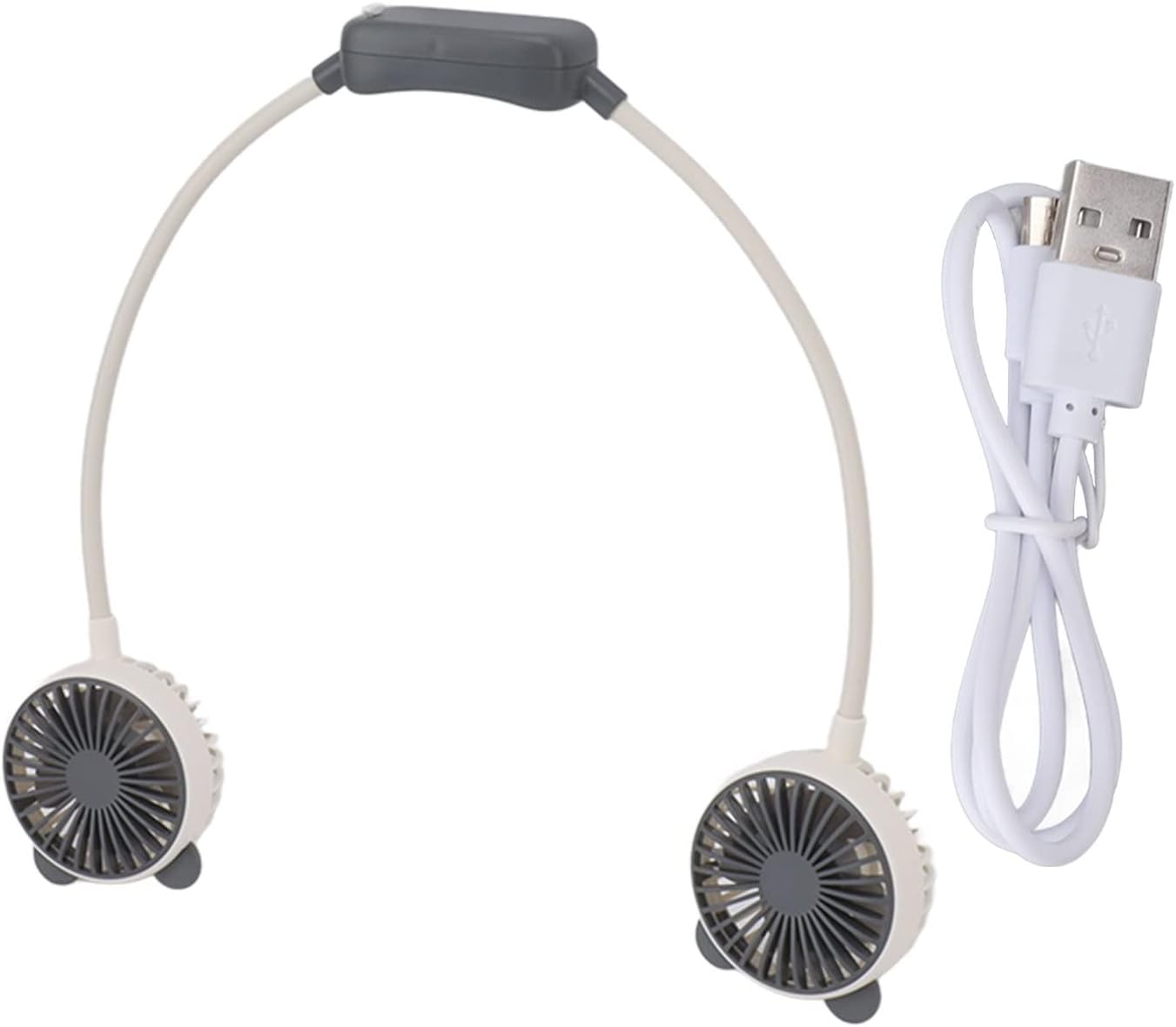 Ventilador ExtraHouse FSF5583 con Cable de Carga 🔌 Estructura completa del ventilador de cuello portatil ExtraHouse FSF5583 extendido junto a su cable blanco de carga USB sobre fondo blanco