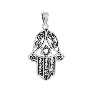 Colgante plata mano fatima con estrella david 24mm